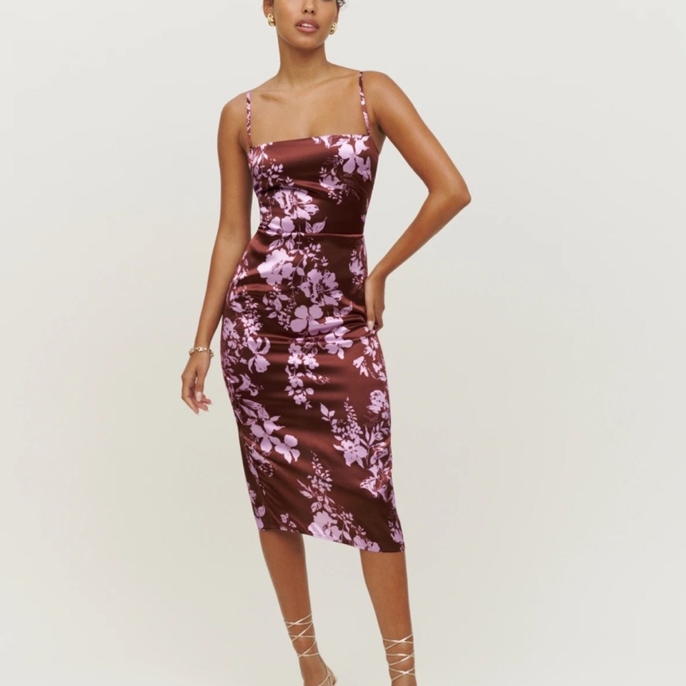 Reformation Brown and Pink Floral Midi Dress